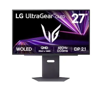 Vue avant du moniteur gaming OLED LG UltraGear 27GX790A de 27 pouces avec résolution QHD