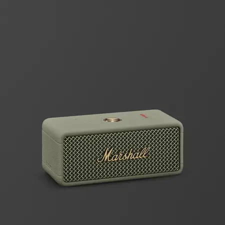 Marshall Emberton III Sage portable bluetooth speaker featuring a gold logo and mesh front, shown against a dark gray background.