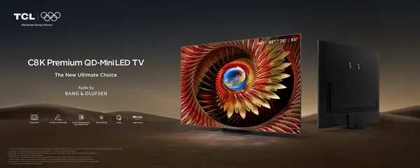TCL TV C8K Premium QD-MiniLED TV display showing high contrast and slim bezels