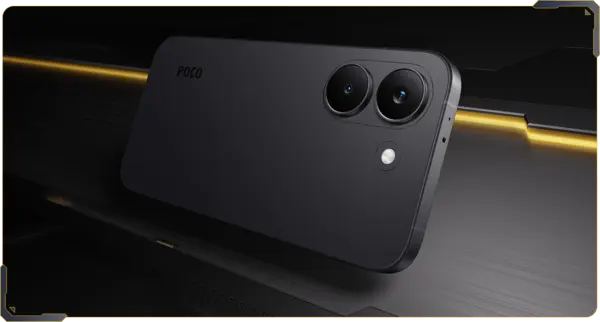 Smartphone Poco X8 Pro en coloris noir montrant son design premium avec cadre en métal et dos en verre