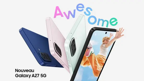 Visuel de lancement du Samsung Galaxy A27 5G montrant l'écran immersif et le design élégant