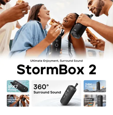 Tribit StormBox 2 portable Bluetooth speaker with 360 degree sound